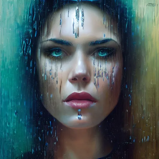 Image similar to detailed face of a woman, lush, opulent, fauna, utopian, tech noir, wet reflections, prism, atmospheric, ambient, pj crook, syd mead, livia prima, artgerm, greg rutkowski, nick alm, casey baugh