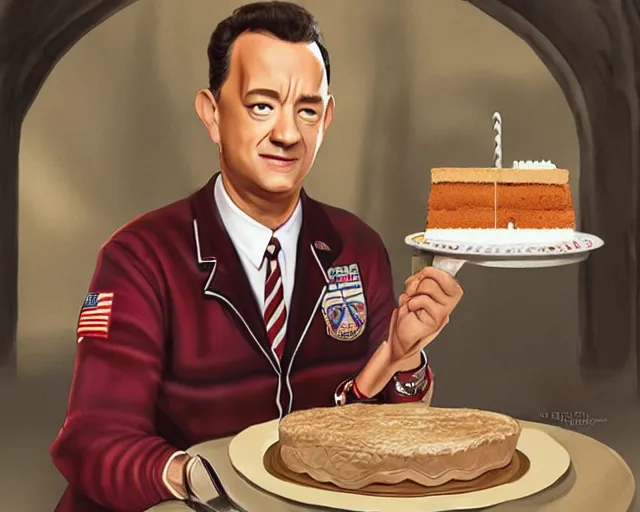 Image similar to tom hanks as forrest gump eating a cake in hogwarts, digital art, highly detailed, artstation, award winning, in the style of Irina French