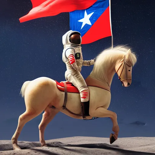 Prompt: A hyper real comic book style portait painting of an astronaut riding a horse on the moon, flag of Chile on his cloth, unreal 5, hyperrealistic, octane render, cosplay, RPG portrait, dynamic lighting