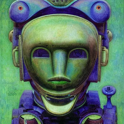 Image similar to the robot in her mechanical mask,by Annie Swynnerton and Diego Rivera, symbolist, dramatic lighting, elaborate geometric ornament, Art Brut, bioluminescent, soft blues and greens,smooth, sharp focus, extremely detailed, Adolf Wölfli