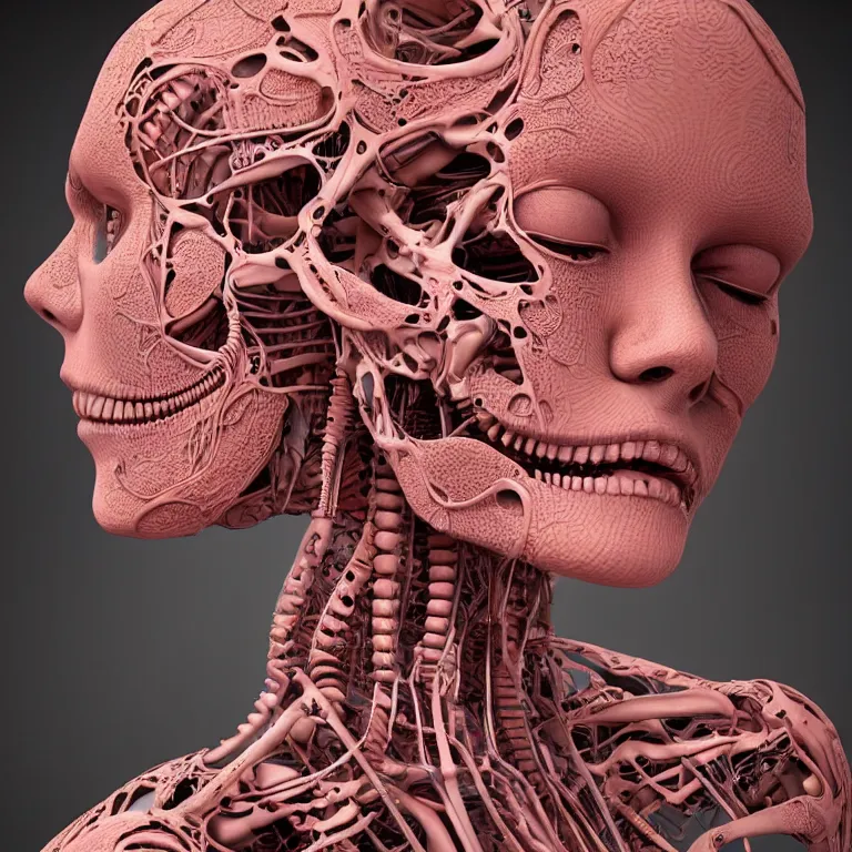 Prompt: portrait of beautiful!! horizontally symmetrical!! ceramic woman's head with coral!! reef hair. torso, mechanical skeleton, biomechanical android. soft light painted by james jean and moebius!!, inspired by mary jane ansell, smooth face feature, horizontal symmetry!!!, intricate oil painting, high detail 3 d render, high detail