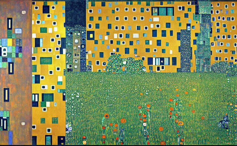 Prompt: geometric painting of industrial buildings surrounded by undergrowth by gustav klimt