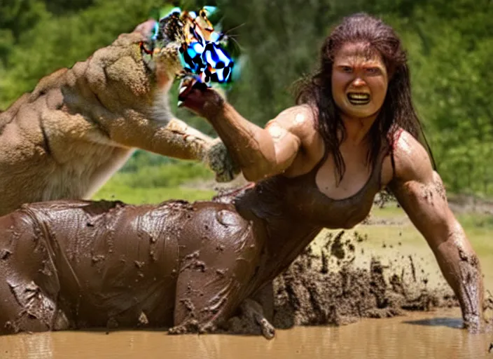 Image similar to she - hulk mud wrestling a mountain lion, movie still, from the movie clan of the cave bear, 8 k, realistic