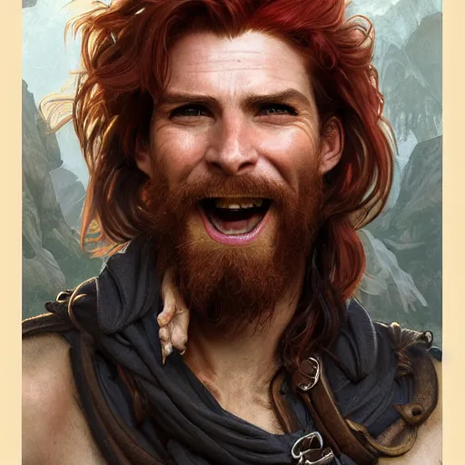 Image similar to portrait of a young ruggedly handsome but joyful pirate, male, masculine, upper body, red hair, long hair, d & d, fantasy, perfect teeth, intricate, elegant, highly detailed, digital painting, artstation, concept art, matte, sharp focus, illustration, art by artgerm and greg rutkowski and alphonse mucha