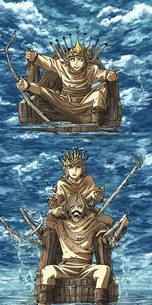 Image similar to a lone king sitting on a throne floating on water in the middle of a lake drawn by Makoto Yukimura in the style of Vinland saga anime, full color