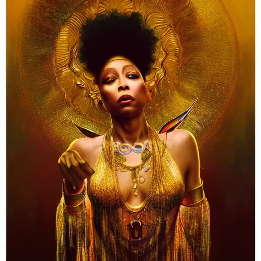 Image similar to Erykah Badu as a golden goddess , A stunning masterpiece, by Stanley Artgerm Lau, greg rutkowski, Thomas kindkade, alphonse mucha, loish, norman Rockwel