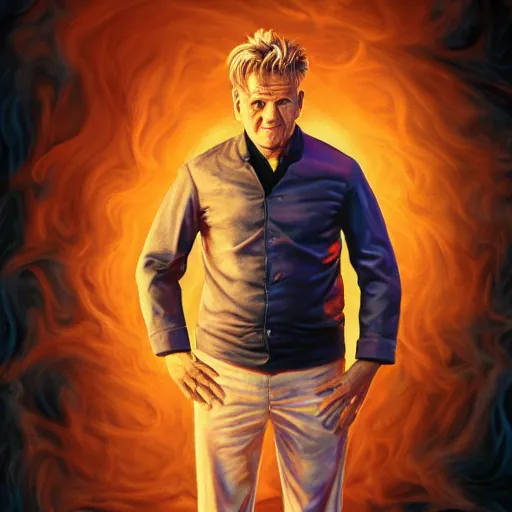 Prompt: photorealistic gordon ramsay in a hellscape by michael whelan. hyperdetailed photorealism, 1 0 8 megapixels, amazing depth, high resolution, 3 d shading, 3 d finalrender, 3 d cinematic lighting, glowing rich colors, psychedelic overtones, artstation concept art.