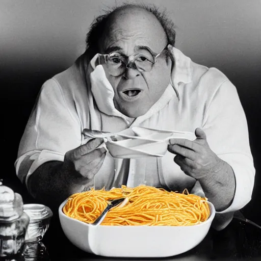 Prompt: Danny DeVito eating spaghetti sloppy, crisp photo