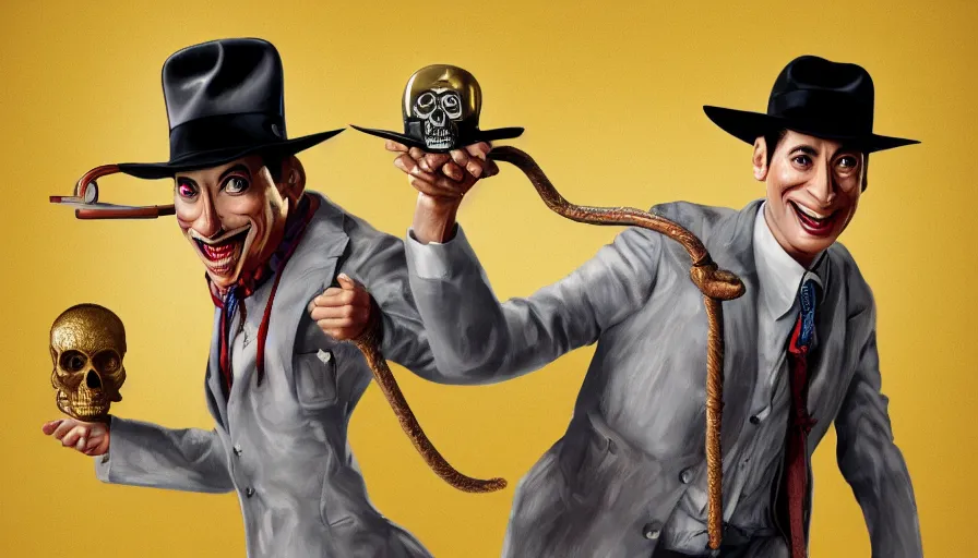 Image similar to pee - wee herman as indiana jones holding a whip in left hand and holding a golden mayan skull in the right hand, grey background, hyperdetailed, artstation, cgsociety, 8 k