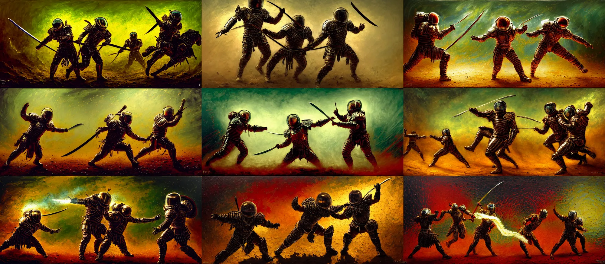 Prompt: combat scene, gladiator - astronauts, swords, fractal armor, girih, bargello, luminist, tonalism, dramatic lighting, action scene, palette knife, frenetic, chiaroscuro, figurative art, detailed, proportions, spatter, dust, atmospheric, volumetric lighting, venetian red, raw sienna, sage green