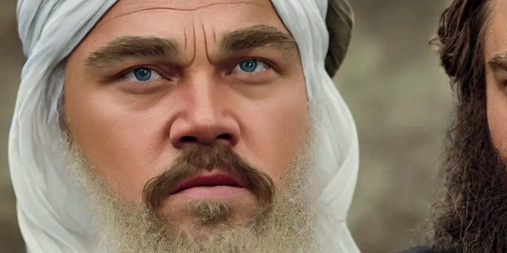 Image similar to Leonardo DiCaprio as Osama Bin Laden, movie still frame, realistic, 4k