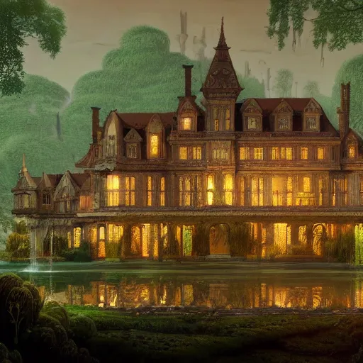 Prompt: A beautiful 3d render of a sprawling manor in an aquatic dreamscape by hubert robert and Lee Madgwick and roger dean and jacek yerka, dan mumford and alex grey style, soft lighting, 4k hd wallpaper