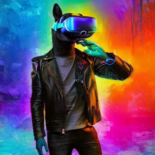 Prompt: anthropomorphic rat wearing a leather jacket and VR goggles, psychedelic artwork, bright colors, cyberpunk background, by ruan jia