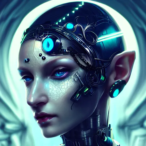 Image similar to cyberpunk robotic dark elvish queen, diadem on the head, extremely detailed, hyperrealistic, intricate, soft light, fantasy, digital painting, art station, perfect faces, fine details, by wlop