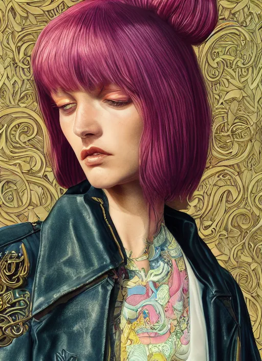 Image similar to skintight leather jacket : : by martine johanna and simon stalenhag and chie yoshii and casey weldon and wlop : : ornate, dynamic, particulate, rich colors, intricate, elegant, highly detailed, centered, artstation, smooth, sharp focus, octane render, 3 d