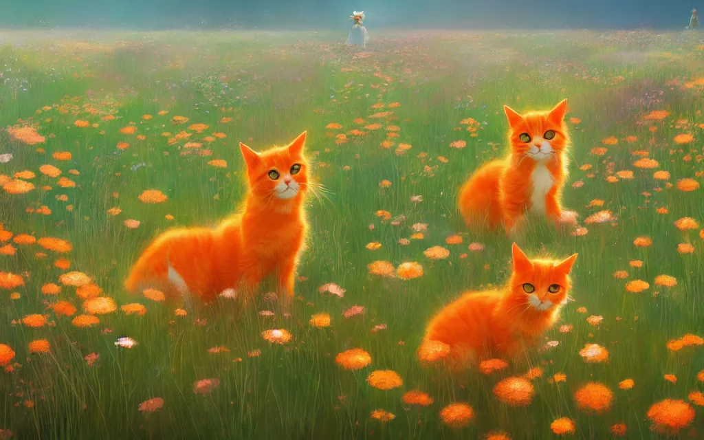 Image similar to cute orange cats in a field of flowers, digital illustration, by makoto shinkai and ruan jia