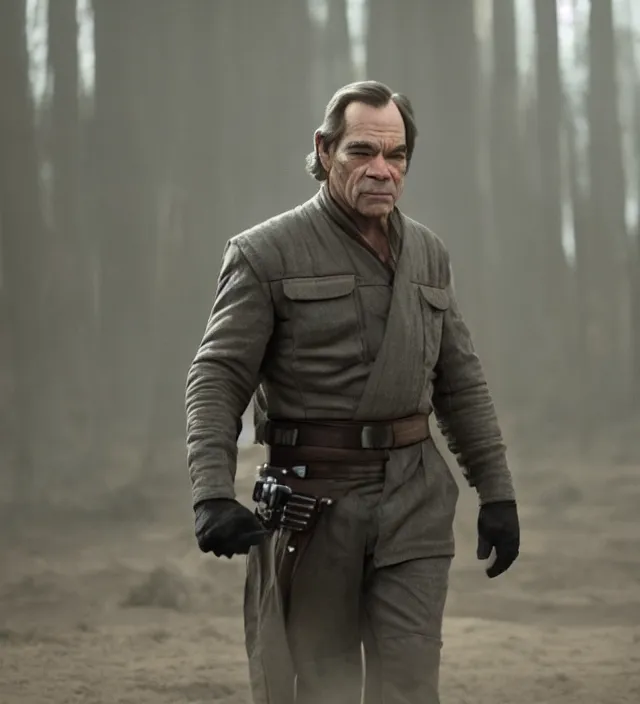 Image similar to tommy lee jones in star wars, movie still frame, hd, remastered, movie grain, cinematic lighting