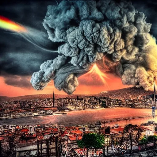 Image similar to atomic bomb blast in istanbul, realistic, hdr,