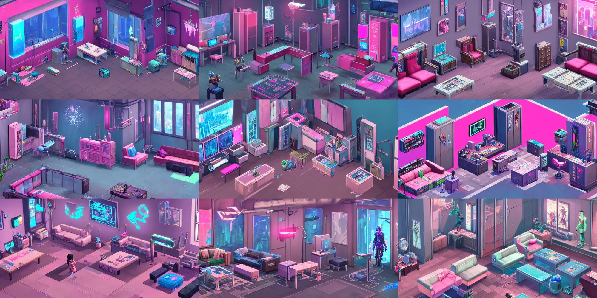 Prompt: game asset of the sims cyberpunk hongkong room furniture and decor, in gouache detailed paintings, props, stylized, 2 d sprites, kitbash, arcane, overwatch, blue and pink color scheme, 8 k, close up