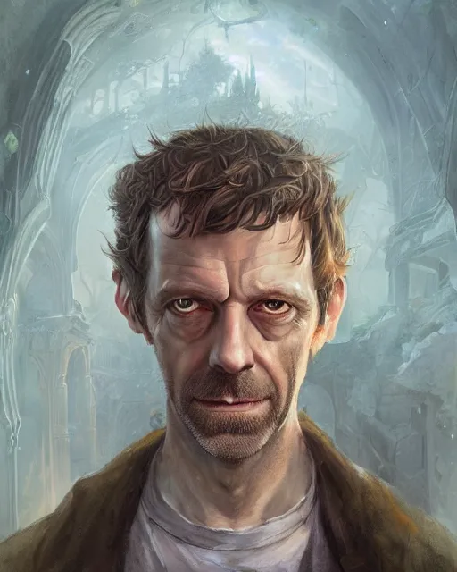 Image similar to detailed portrait of gregory house as a mage, magical, bright spells, fantasy, ruins, overgrown plants, atmosphere, 8 k high definition, insanely detailed, intricate, by charlie bowater, johan grenier