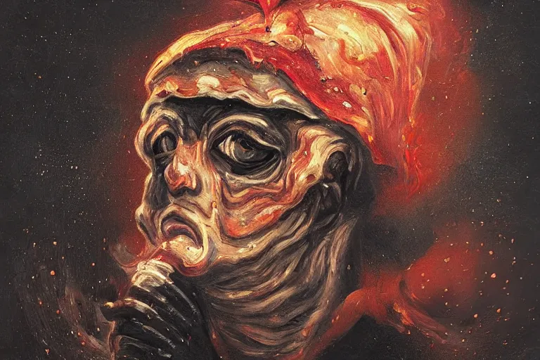 Prompt: a highly detailed pulcinella!!! from naples, pizza!!!, volcano, black sky, smoke, fire lava, post - apocalyptic vibe, full body, wide angle, an ultrafine detailed painting by rivorio mok, trending on deviantart, whimsical, lowbrow, perfect symmetrical face, sharp focus, octane, masterpiece