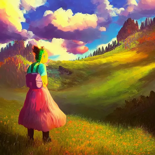 Image similar to giant daisy flower head, girl hiking in the mountains, surreal photography, sunrise, dramatic light, impressionist painting, colorful clouds, digital painting, artstation, simon stalenhag