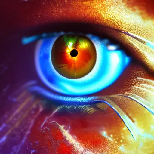 Image similar to Cybernetic Eye, close up, colorful, fantasy, vivid colors, concept art, sharp focus, digital art, Hyper-realistic, 4K, Unreal Engine, Highly Detailed, HD, Dramatic Lighting by Brom, trending on Artstation