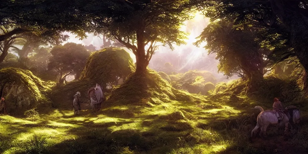 Image similar to lush and beautiful concept art for the shire, lord of the rings, peter jackson, studio ghibli, detailed, realistic lighting, volumetric lighting, golden hour,