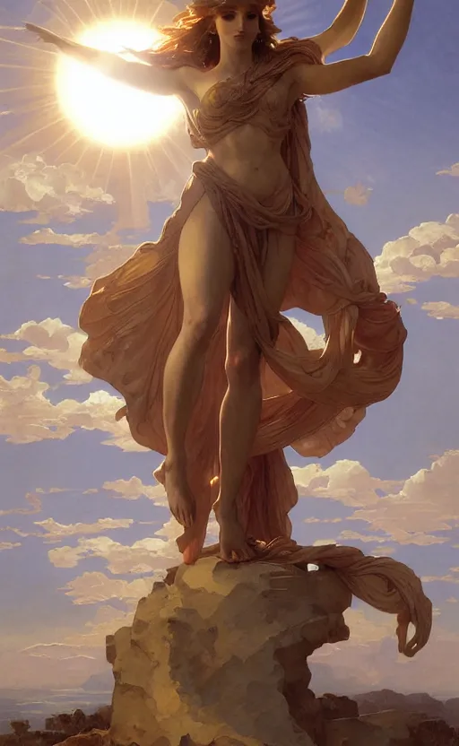 Image similar to illustration of the four armed statue of the goddess of the sun helios descending from olympus, artstation, concept art, smooth, sharp focus, illustration, art by artgerm and greg rutkowski and alphonse mucha and william adolphe bouguereau and john william waterhouse