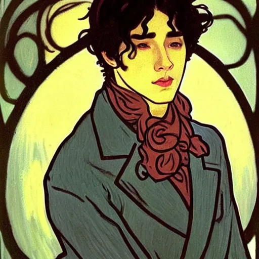 Image similar to painting of young cute handsome beautiful dark medium wavy hair man in his 2 0 s named shadow taehyung and cute handsome beautiful min - jun together at the halloween! party, bubbling cauldron!, candles!, smoke, autumn! colors, elegant, wearing suits!, clothes!, delicate facial features, art by alphonse mucha, vincent van gogh, egon schiele