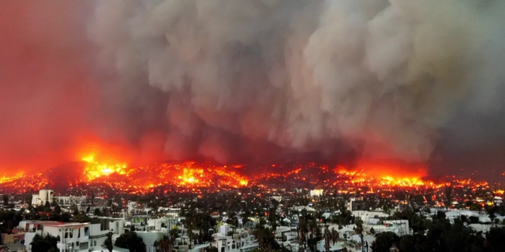 Image similar to apocalyptic fire raining upon hollywood, burning landmark