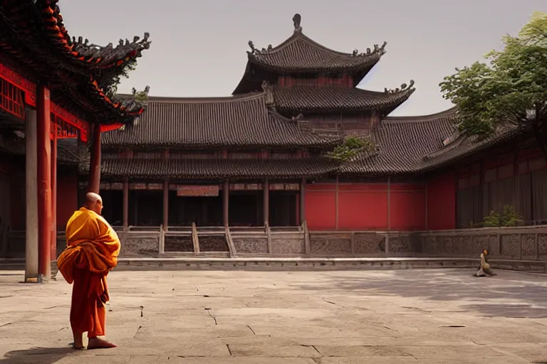 Image similar to A MONKEY!!!!! dressed as a shaolin monk, standing in front of an ancient chinese palace, cinematic lighting, artstation, greg rutkowski