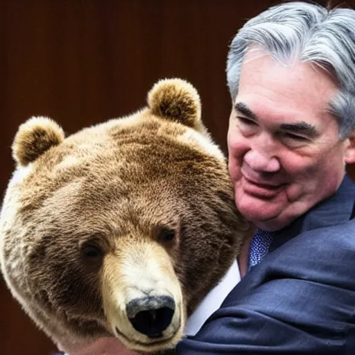 Image similar to Jerome Powell hugging a bear