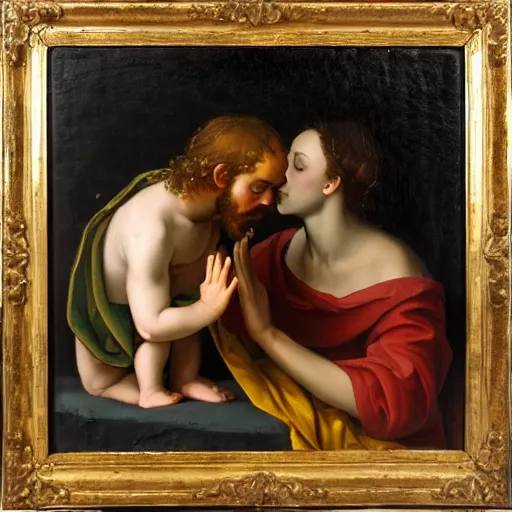 Image similar to 1 8 th oil panting of a jesus kissing with maria maddalena