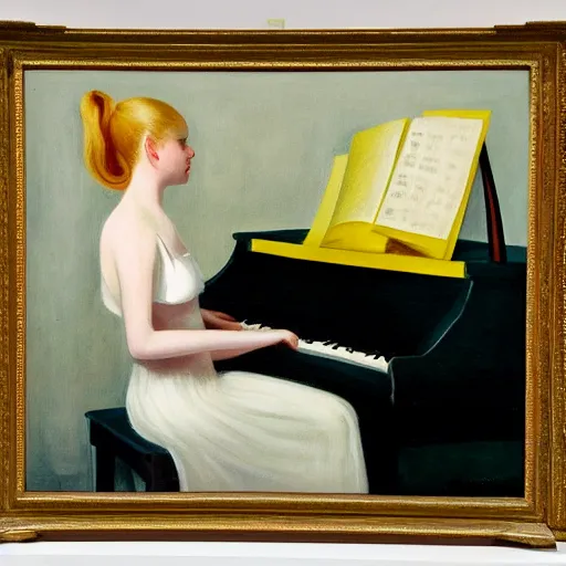 Prompt: Painting of Elle Fanning playing the piano, long blonde hair, delicate, pale milky white porcelain skin, by Edward Hopper. 8K. Extremely detailed.