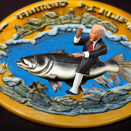 Image similar to president biden riding a fish, realistic, 8 k, ultra details, highly detailed face, sharp focus