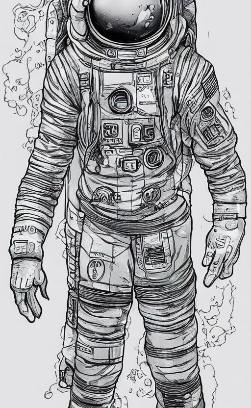 Image similar to concept art, digital art, manga drawing, full body astronaut sketch, illustration in the style of darren bartley, katsuya terada