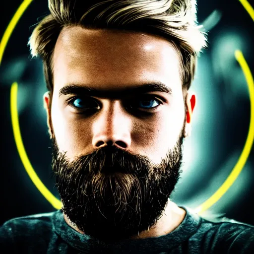 Image similar to Portrait of PewDiePie, splash art, movie still, cinematic lighting, dramatic, octane render, long lens, shallow depth of field, bokeh, anamorphic lens flare, 8k, hyper detailed, 35mm film grain