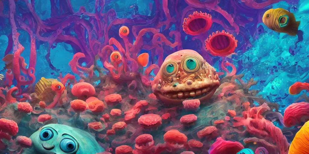 Prompt: of a colorful deep sea under water with strange cute friendly happy creatures with huge eyes, mouth, long tongue and round teeth appearing from sandy coral, in the style of gehry and gaudi, macro lens, shallow depth of field, ultra detailed, digital painting, trending artstation, concept art, illustration, cinematic lighting, photorealism, epic, octane render