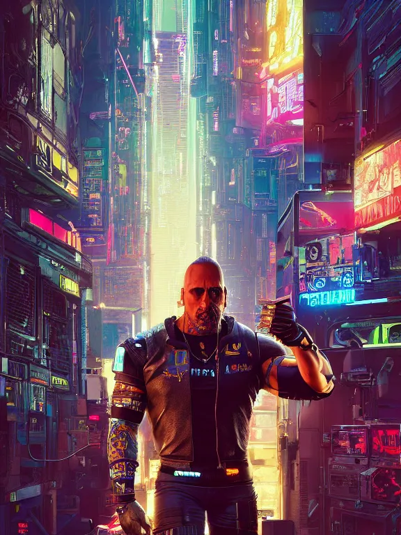 Image similar to a cyberpunk 2077 portrait of Dwayne Johnson kiss a female android complex mess of cables and wires behind them connected to giant computer, love,film lighting, by laurie greasley,Lawrence Alma-Tadema,William Morris,Dan Mumford, trending on atrstation, full of color, highly detailed,8K, octane, Digital painting,golden ratio,cinematic lighting