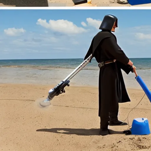 Image similar to Anakin Skywalker!!!, vacuuming on a beach