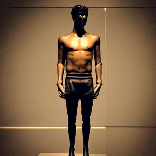 Image similar to “ a realistic detailed photo of a guy who is an attractive humanoid who is half robot and half humanoid, who is a male android, soccer player antoine griezmann, shiny skin, posing like a statue, blank stare, at the museum, on display ”