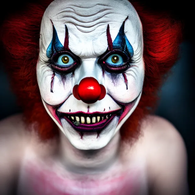 Image similar to photo of a beautiful creepy female clown, highly detailed, 8 k, hdr, close up, smooth, sharp focus, high resolution, award - winning photo