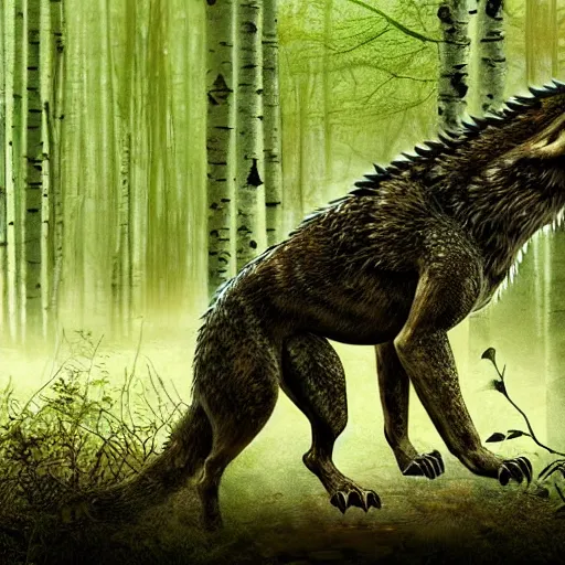 Image similar to chimera made of a wolf and a crocodile, awarded on pixiv, trending on deviantart, realistic birch wood swamp, professional photoshop utilizing real life photos