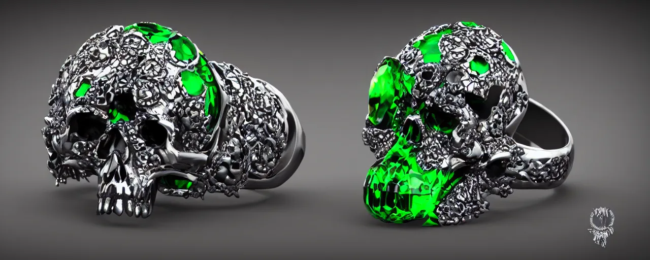 Image similar to simple magic crystal ring of poison, radiant cut, skull, skulls, tentacles, green, black, purple. smooth shank, crystal, engravings, diamonds, product design, jewelry, gold, silver, colorful, art by gerald brom, greg rutkowski and artgerm, photo realism, unreal engine, c 4 d