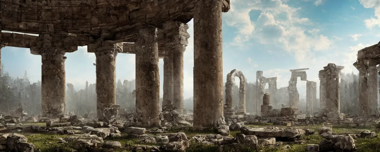 Image similar to !dream an ancient ruined temple of the old Pagan Gods, 8k hyper realistic, Photorealistic, rendered by Octane