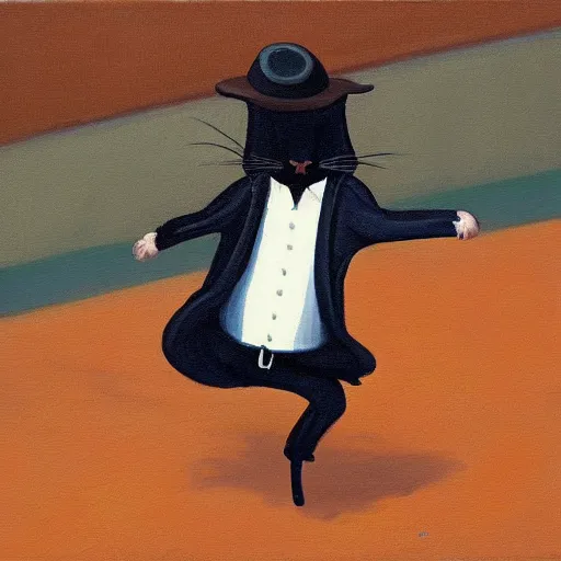 Image similar to a painting of a hasidic humanoid cat doing breakdance for money by miyazaki