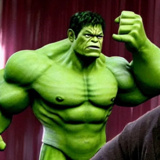 Image similar to a still of tom hanks as the hulk in the avengers movie