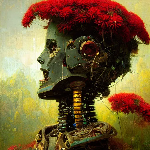 Image similar to a painting by thomas cole of a robot head with flowers growing out, highly detailed, color bleeding, pixel sorting, brushstrokes by jeremy mann