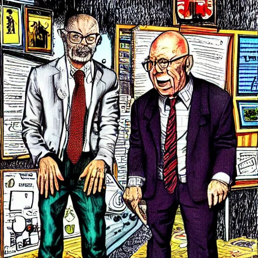 Image similar to The Artwork of R. Crumb and his Cheap Suit Klaus Schwab and Justin Tradeau, pencil and colored marker artwork, trailer-trash lifestyle